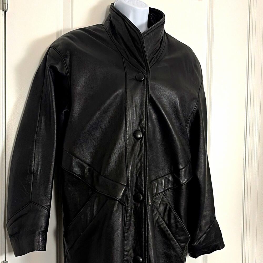 TIBOR Genuine Leather midi Coat Black snap Front Pockets Women's XS 80s